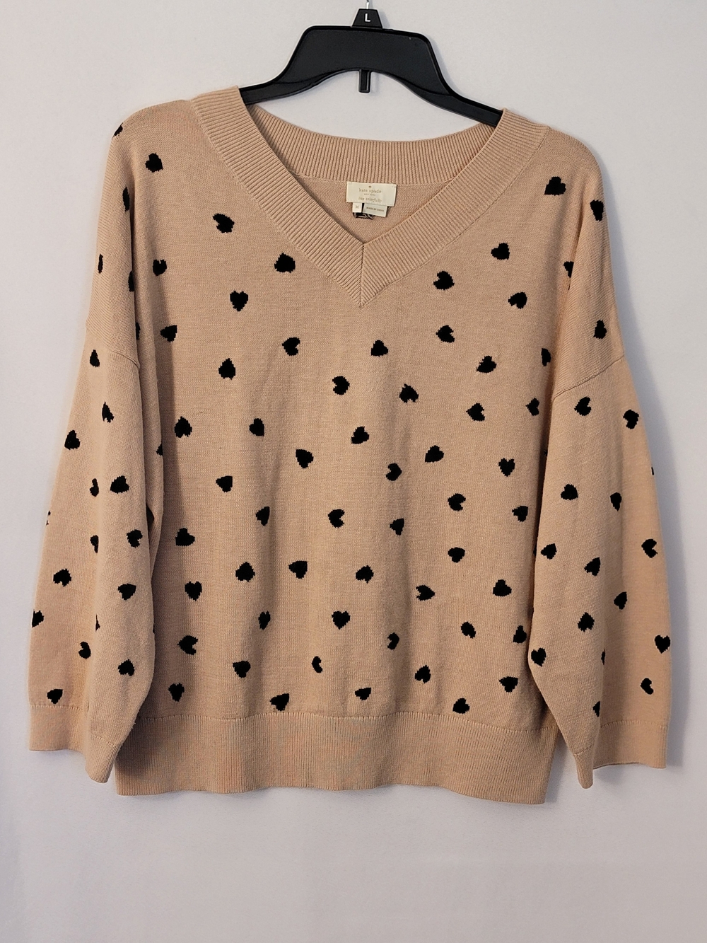 Kate Spade V-Neck Heart Print Sweater Tan/Black Silk Blend Size M